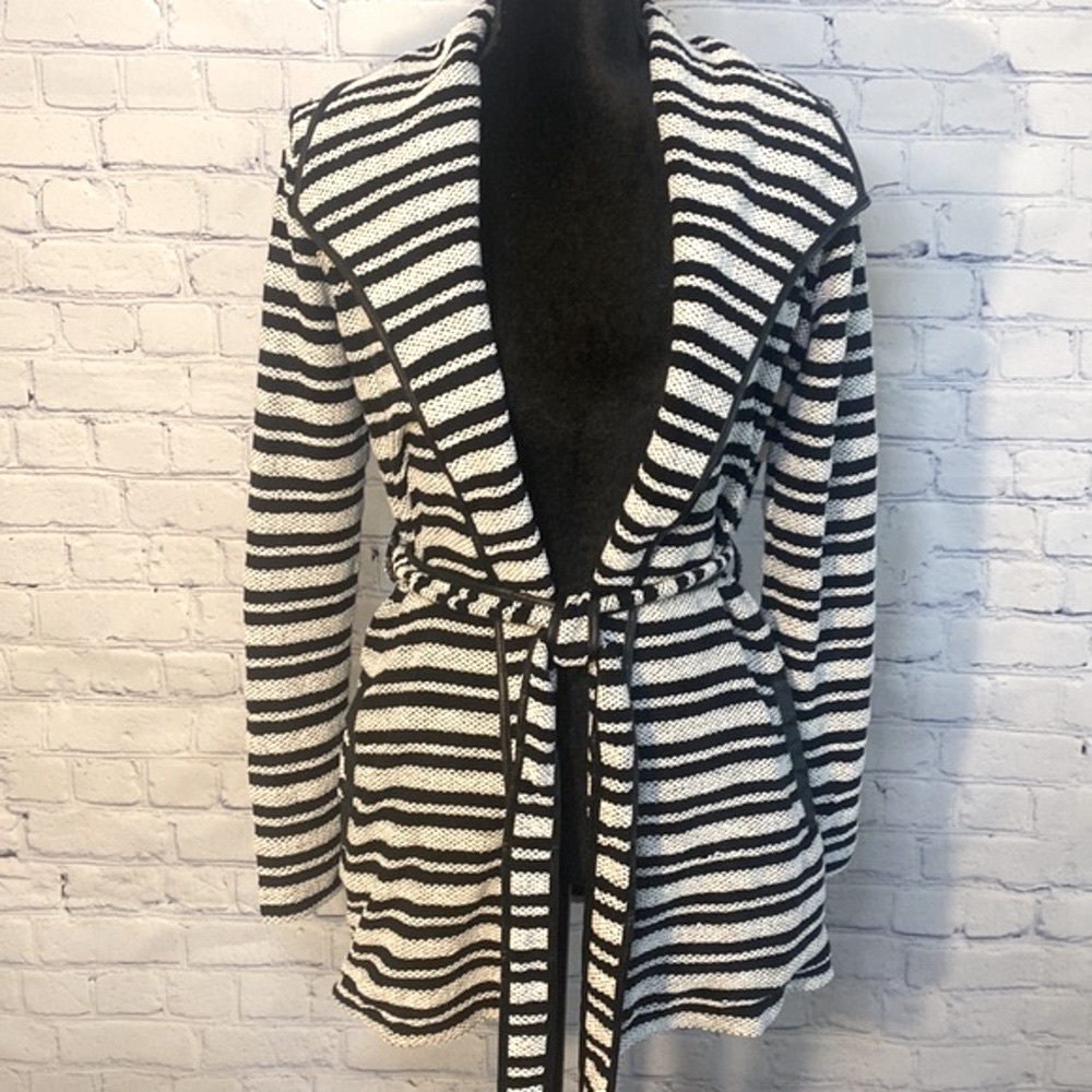 Tart Collection Jacket Womens XS Black White Tie Front Blazer Faux Leather Trim